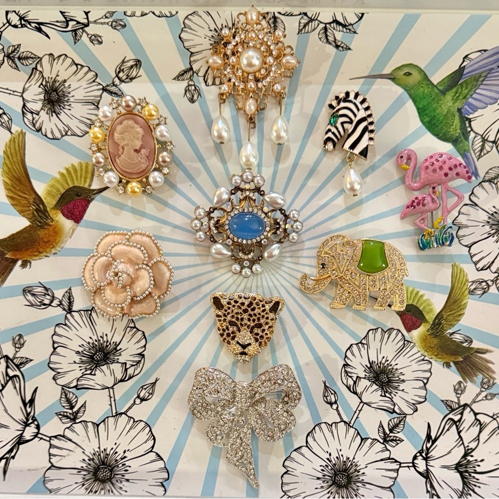 Faux Pearl and Rhinestone Brooch Collection, 8 Pieces